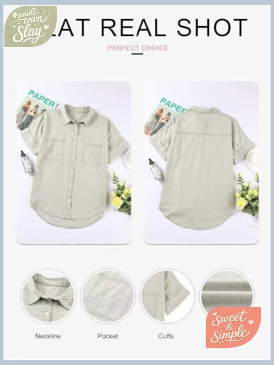 Women's V-Neck Button Down Shirt Short Sleeve Lightweight Cotton Casual - Picture 6 of 7